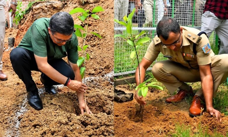 विश्व पर्यावरण दिवस पर बोकारो में पौधरोपण करते डीसी अजय नाथ झा और एसपी नाथू सिंह मीना