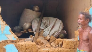 हाथियों के हमले से क्षतिग्रस्त मिट्टी का घर