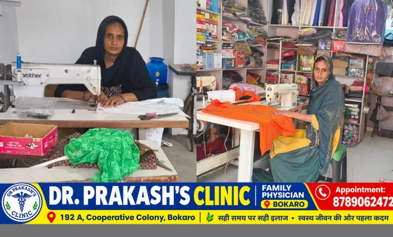 बोकारो के नावाडीह की महिला उद्यमी सलमा प्रवीन अपने सलमा सिलाई सेंटर में सिलाई कार्य करते हुए